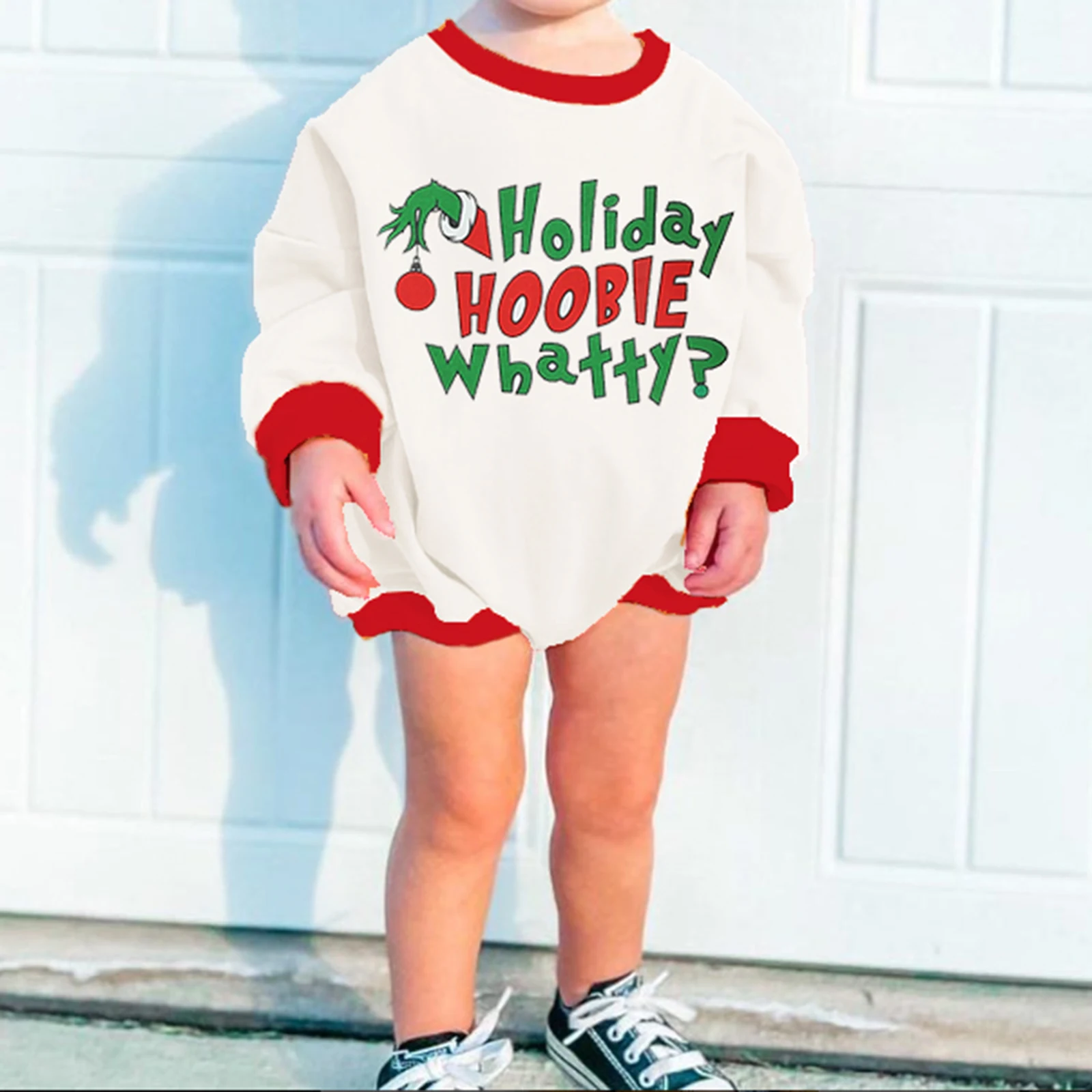 Baby Christmas Sweatshirt Romper Long Sleeve Crew Neck Letters Elf Hand Print Bodysuit Jumpsuit Winter Clothes for Girls Boys