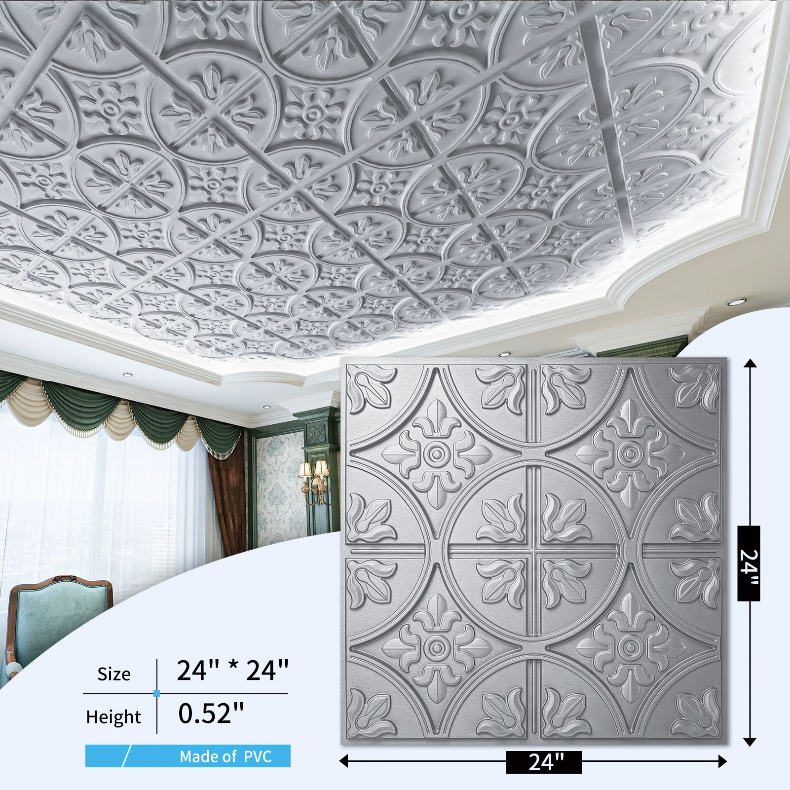 Art3d 2x2 FT Decorative Drop Ceiling Tile, Glue Up PVC Wall  Panel for Bathroom, Easy Install Lightweight Waterproof