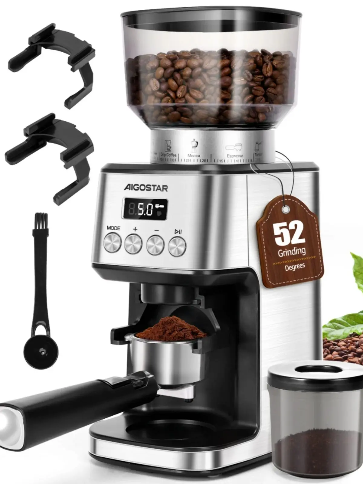 Aigostar Elektrische Kaffeemühle mit 52 Mahleinstellungen & Kegelmahlwerk – Professioneller Kaffeegrinder aus Edelstahl für Espresso, Filterkaffee & Siebträger, Präzises Digitaldisplay, Silber