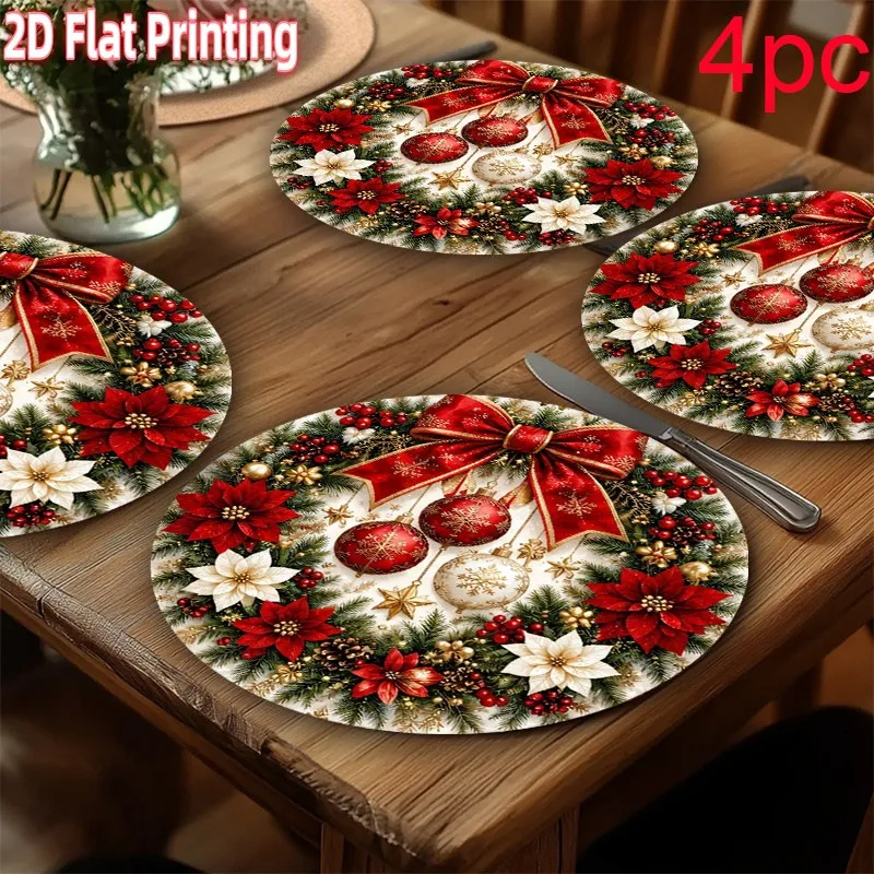 VIKAMA Linen Round Placemat, Burgundy Holly Bell Design, Washable Stain Resistant Easy Clean, Elegant Christmas Table
