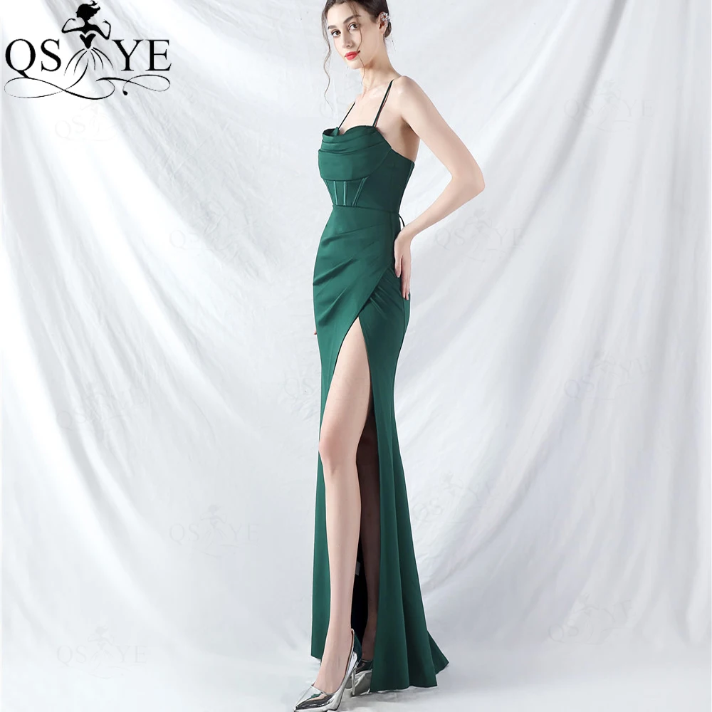 Cowl Neck Emerald Green Evening Dresses Spaghetti Straps Ruched Bodice Boned Corset Prom Dress with Slit Tie up Back Party Dress