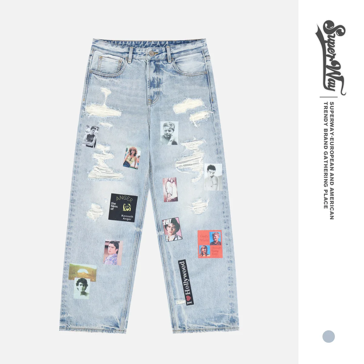 

Low Waist Straight Leg Jeans Men's Autumn Winter New American Sle Trendy Brand Hole Print Small ence Long Pants