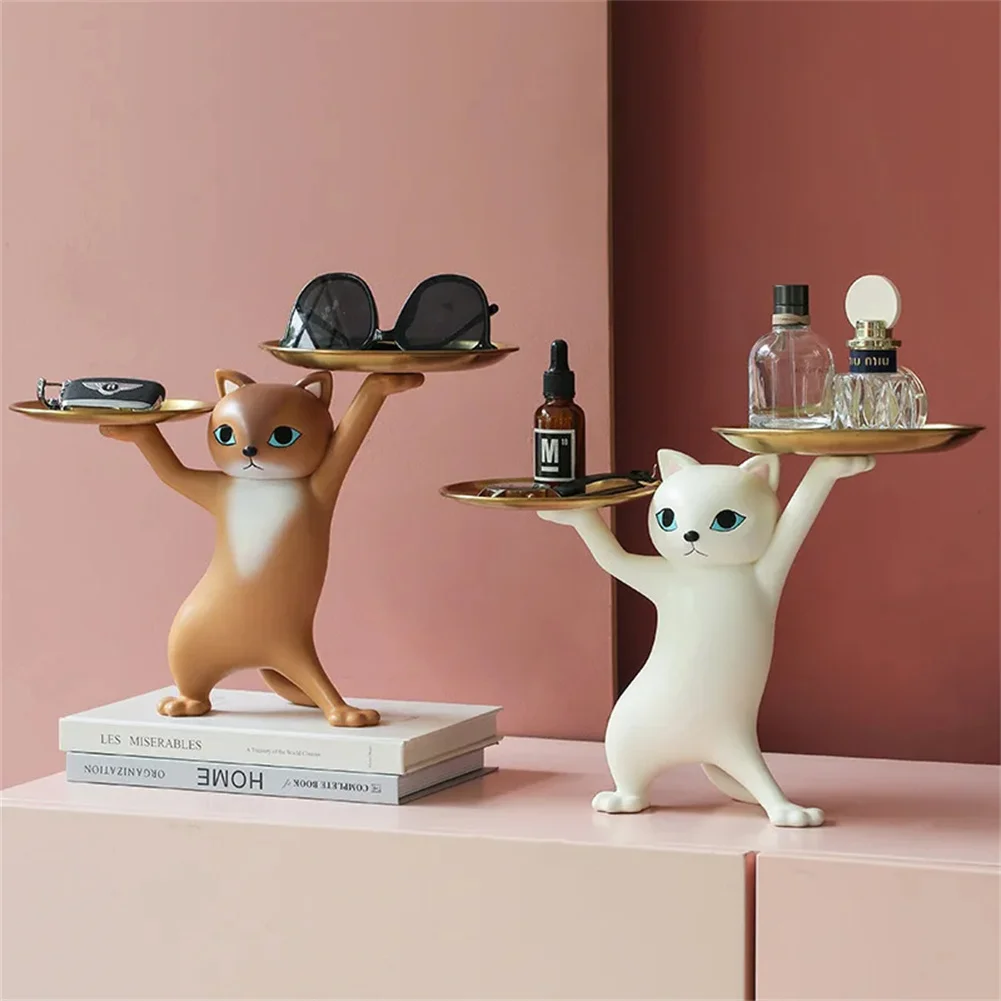 Nordic Resin Cat Tray Statue Living Bedroom Entrance Table Desk Key Candy Container Storage Sculpture Figurines Home Decorations