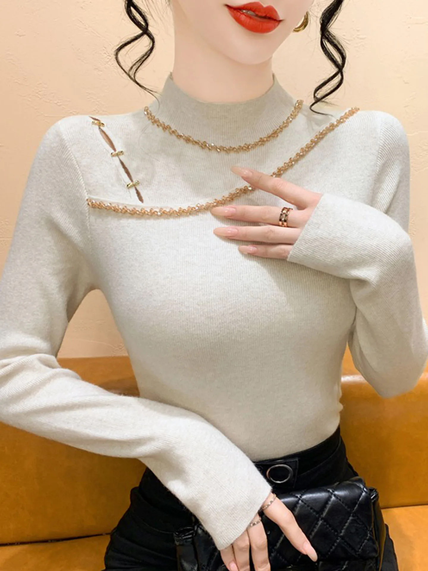 

Женский свитер Ele Heavy-Du с бисером и вырезами, облегающий, вязаный, осенне-зимний, новый, с высоким воротником, мягкий, в корейском стиле