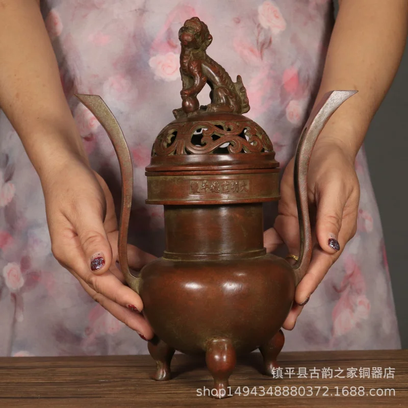 Pure Copper Crown Ear Lion Knob Three-Legged Antique Craft Brass Incense Burner Ornament for Office Living Room S