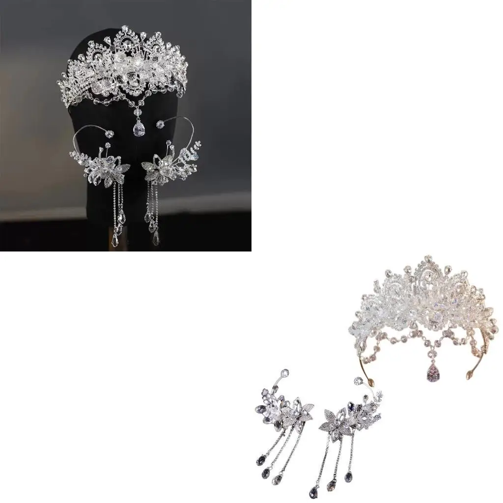 

652F Elegant Metal Rhinestones Princess Crowns And Earrings Set For Bridal Accessories Wedding Headpiece