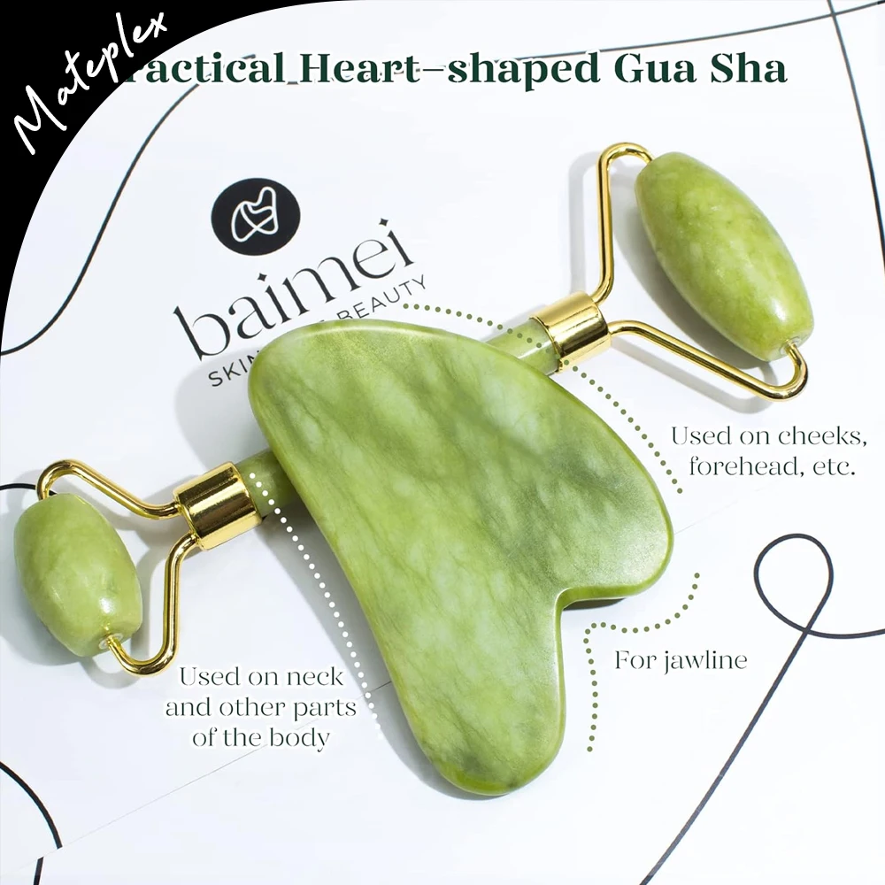 Rodillo de Jade de dos piezas, herramientas faciales, rodillo Facial y juego Gua Sha para hinchazón y enrojecimiento, rutina para el cuidado de la piel
