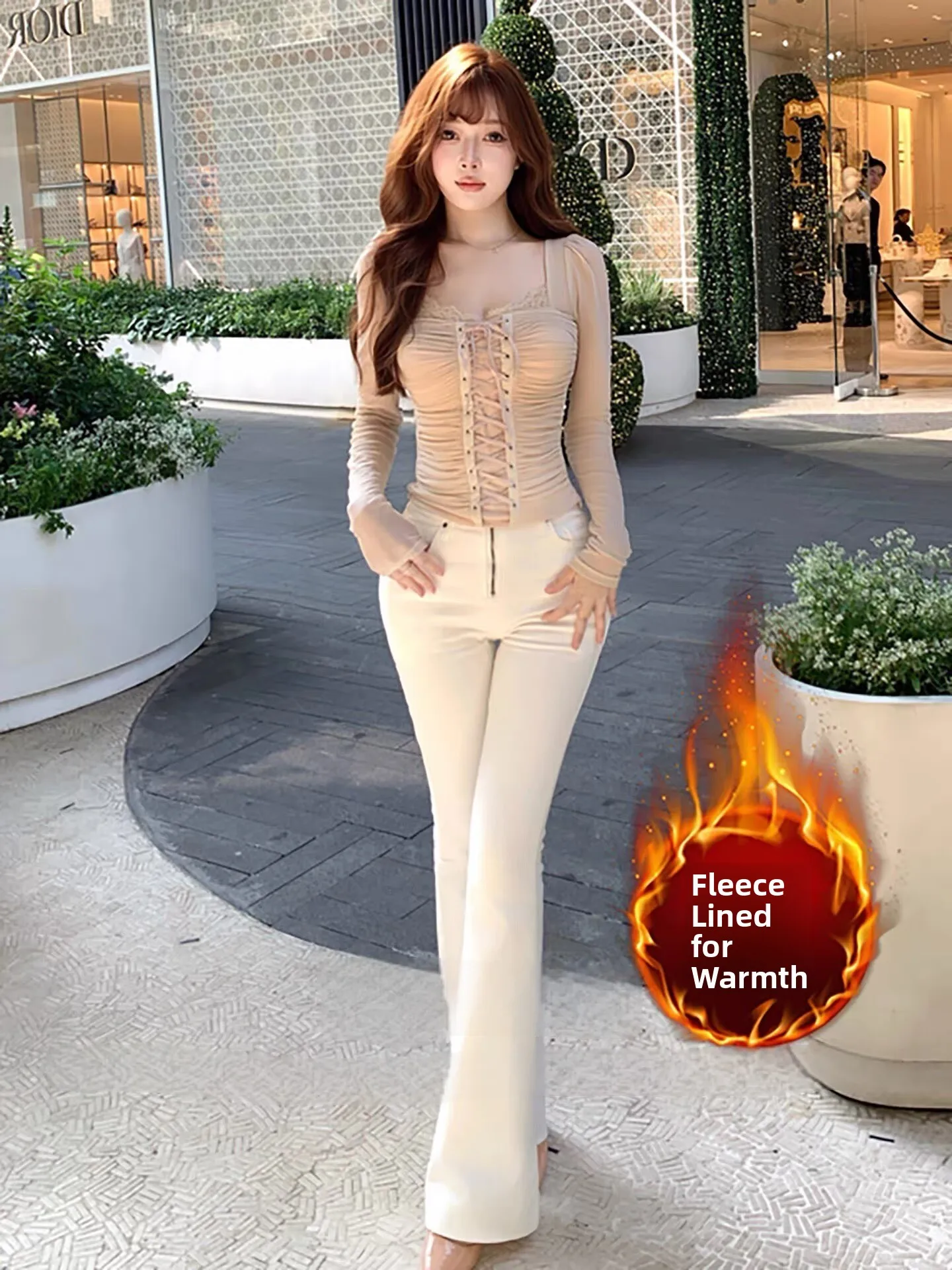 

High Waist Fce Lined Thiened Micro Flared Jeans Women's Slim Fit Hip Lifting Slimming Wide Leg Long Pants Casual Sle