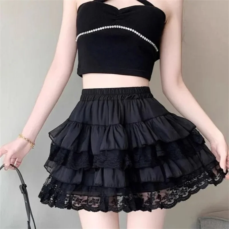 Elastic Gothic Lace Tutu Skirt Women Black Mesh Detail Petticoat Sexy Mini Tulle Skirts Party Club Wear Dancer