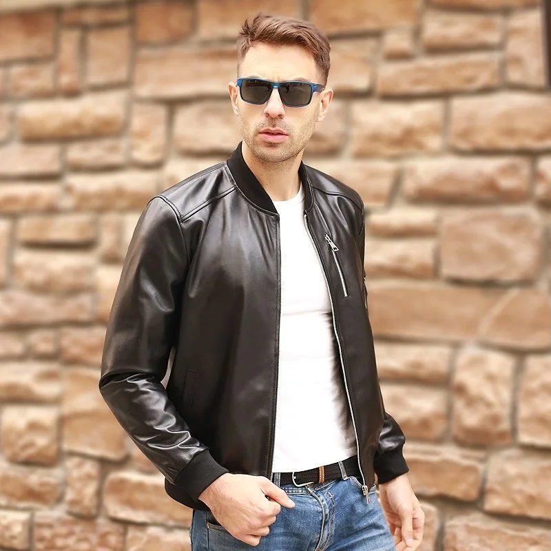 Aviation Autumn Genuine Black Leather Bomber Jacket Men Sheepskin Real Leather Flight Jacket Slim Pilot Coats Veste Cuir Homme