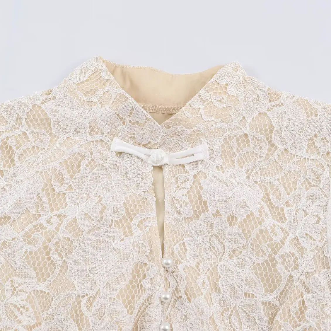 KASLEAD New Women's High-End Versatile Chinese Style Lace Button up Top Long Sleeve Stand Collar Polyester Fiber Short Coat