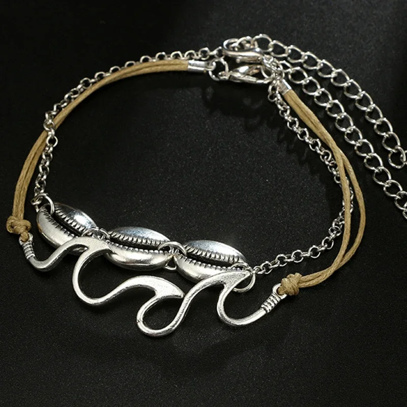 2pcs Summer Beach Simple Sea Wave Alloy Shell Two-piece Suit Anklet for Men and Women Jewelry