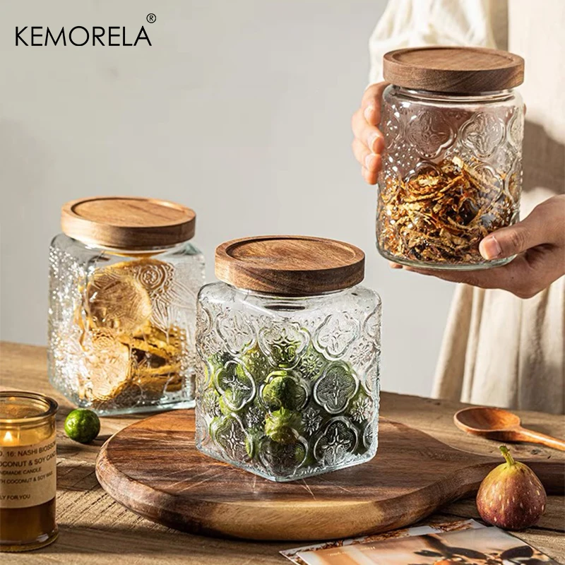 KEMORELA Vintage Glass Jar Canister Storage with Seal Wooden Lid Retro Design Wood Glass Airtight Canister Embossed Container