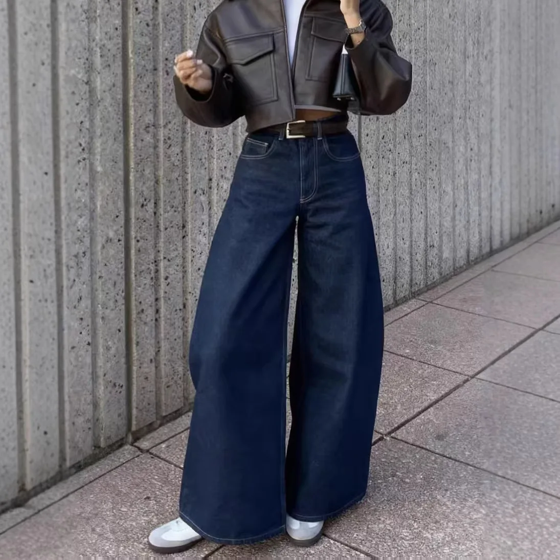 Deep Blue Retro Wide Leg Denim Jeans Women Autumn New American High Street Spicy Girl Loose Slimming Floor-Length Pants