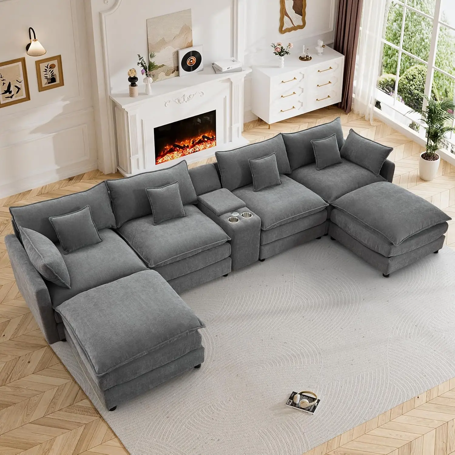 145" Cloud Couch Oversized U Shaped Grey Sectional Couches for Living Room, Big Soft Comfy Fluffy Chenille Couch, Customized
