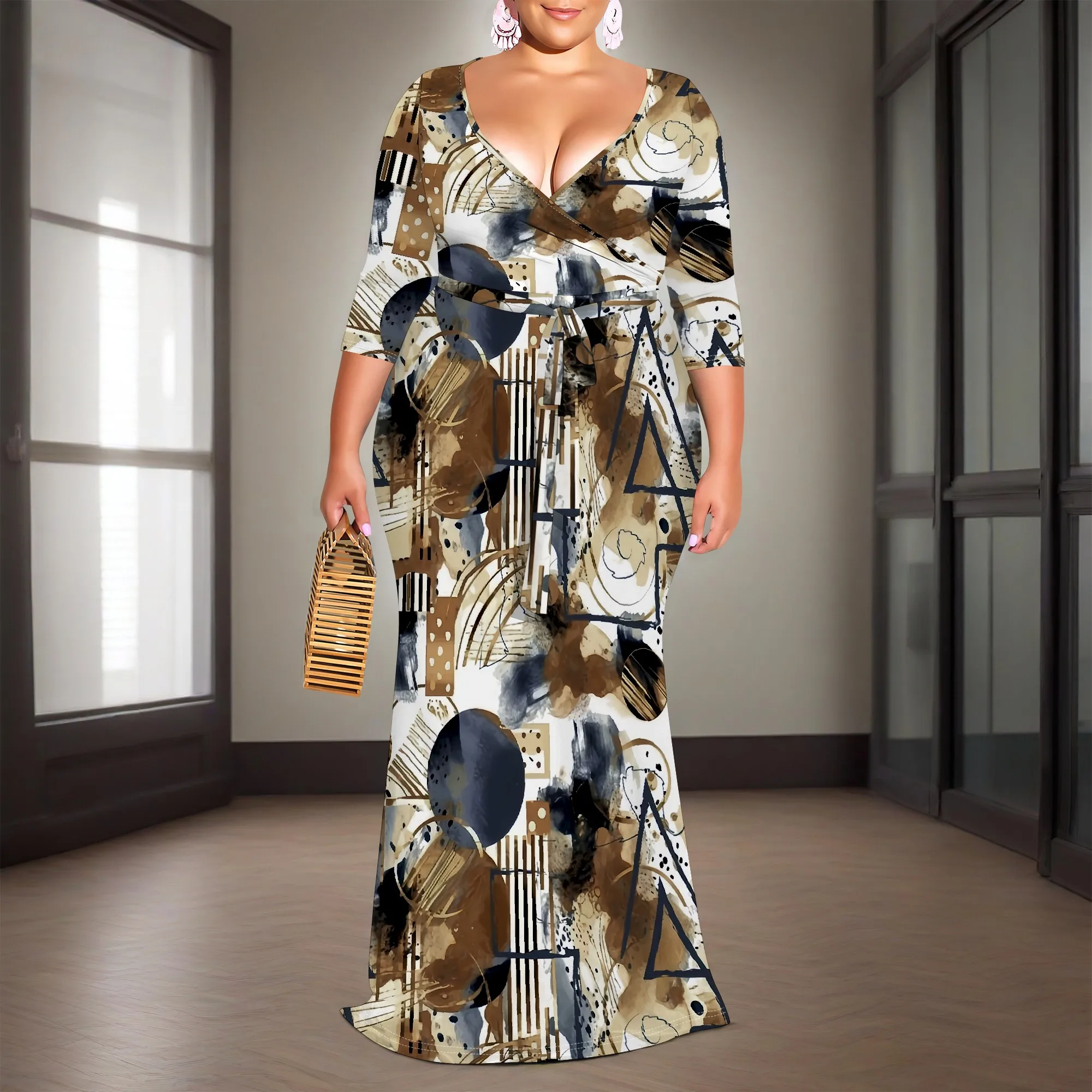 

Abstract Brown Print Maxi Dress XL-6XL V-Neck Wrap Style with Belt & 3/4 Sleeves for Art Brunch, Fall Event or Cultural Look