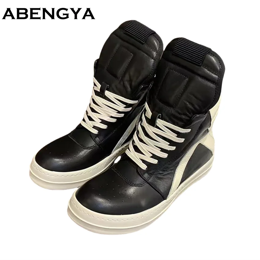 

Мужские повседневные кроссовки-ботинки высокого качества, женские кроссовки, черные ботинки до щиколотки из натуральной кожи, модные дизайнерские туфли на толстой плоской подошве с молнией