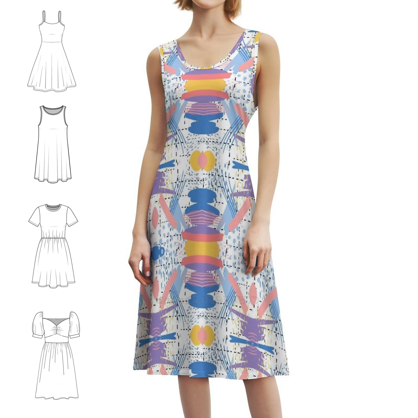 فستان حفلات أنيق للنساء بنمط هندسي تجريدي ملون على شكل حرف a مع خيارات قصيرة/طويلة/بدون أكمام مجردة #1