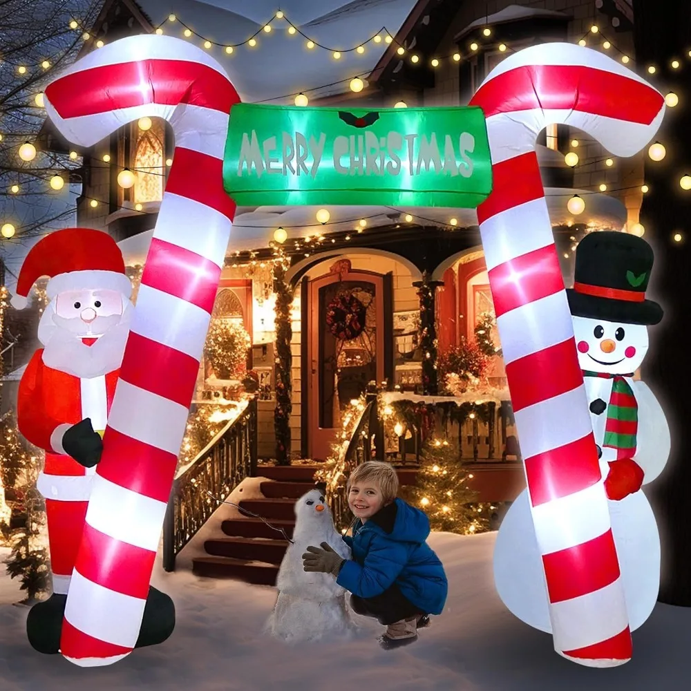 9 FT Christmas Inflatable Candy Cane Archway with Santa and Snowman, Blow Up Merry Christmas Decorations Built-in Led Lights Out