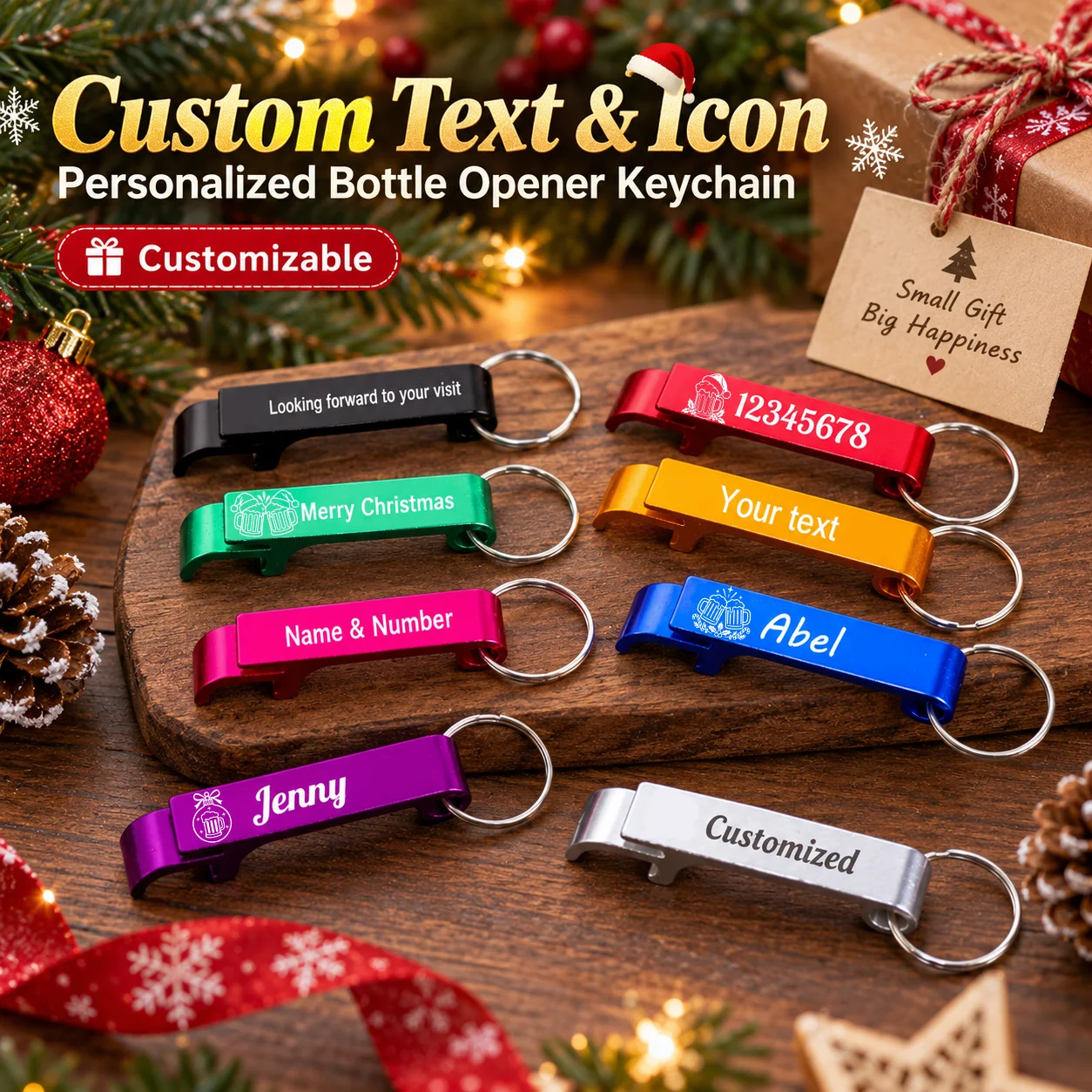 Personalized Christmas Bottle Opener Keychain, Custom Name Text Engraved Beer Opener, Holiday Gift, 8 Colors