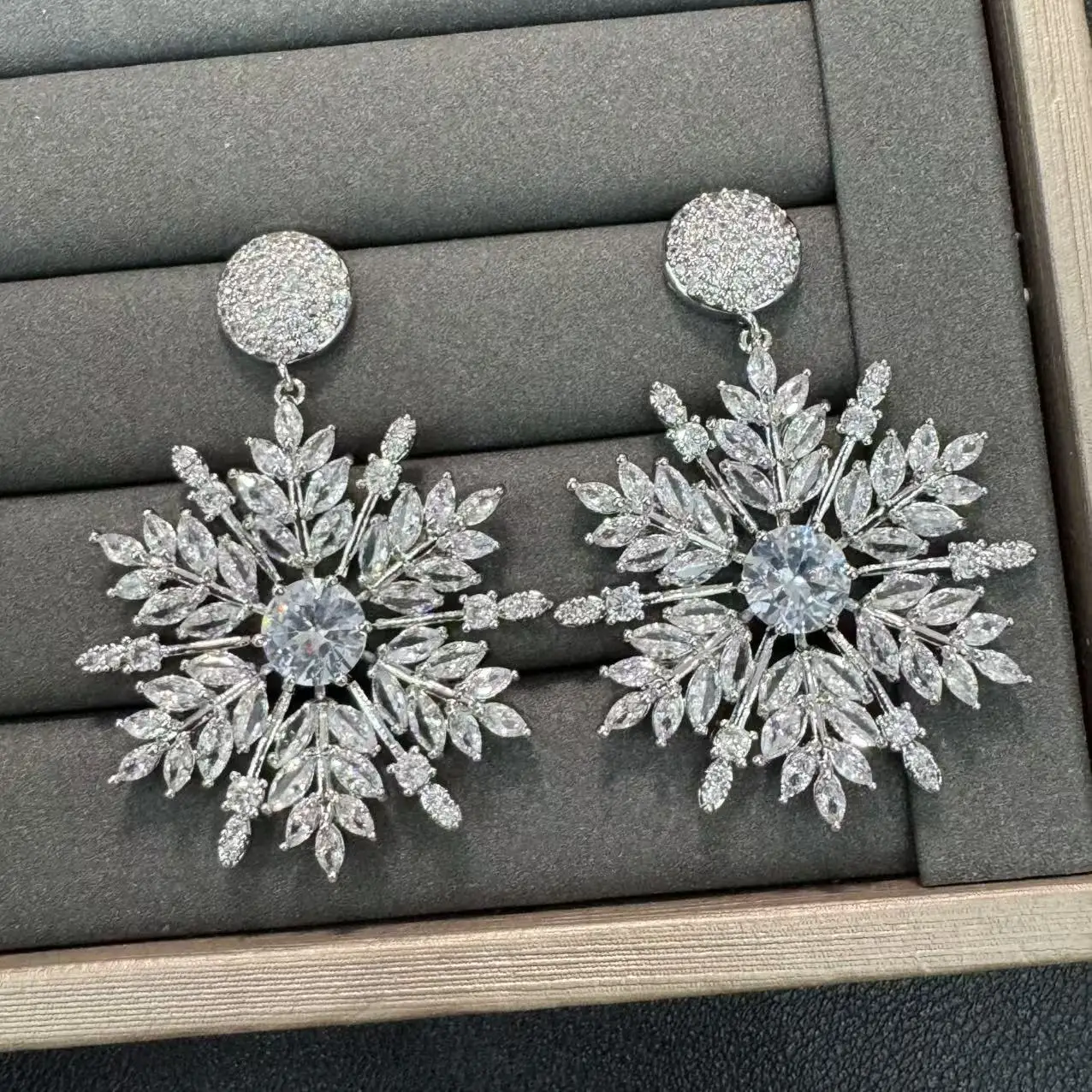Silver Plated Micro Pave CZ Snowflake Drop Earrings Multi Color Crystal Dainty Winter Women Wedding Jewelry