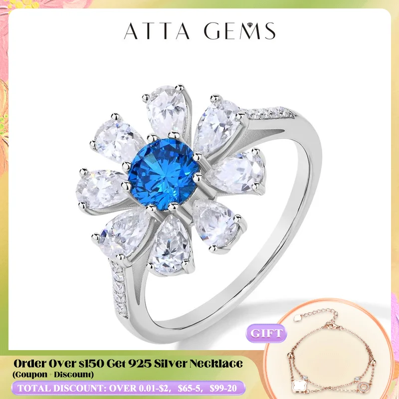 

ATTAGEMS 2024 D VVS1 Pear Cut Moissanite Rings Lab Blue Zircon for Women S925 Sterling Silver Flower Jewelry Birthday Party Gift