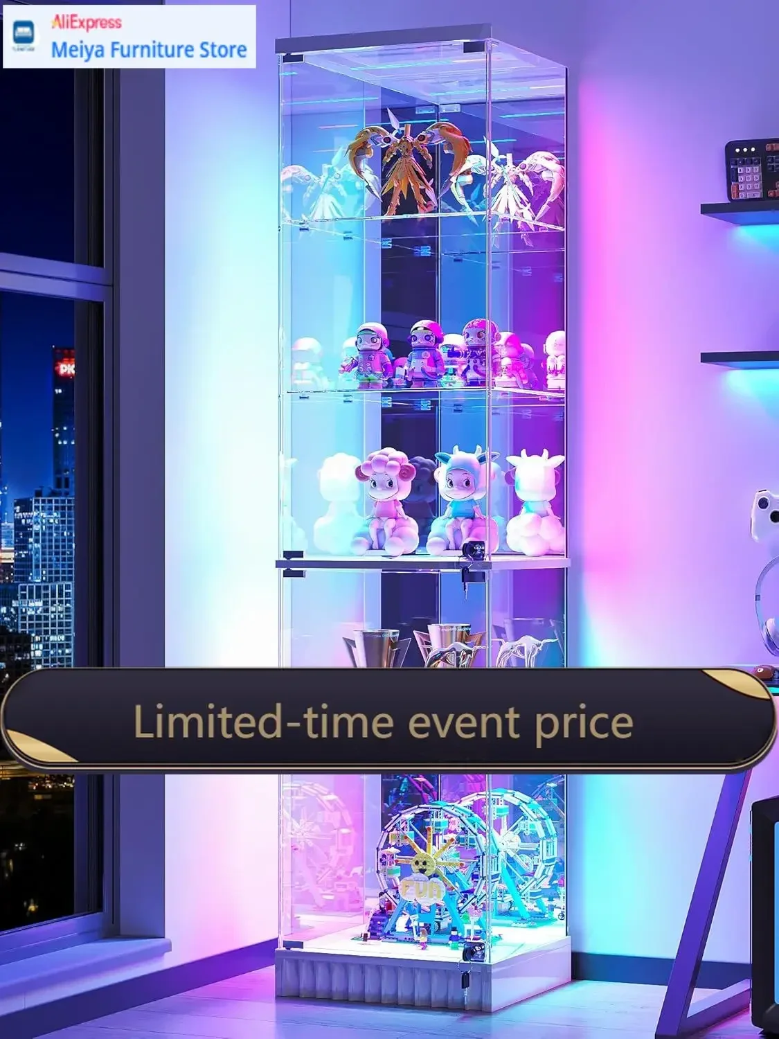 White Lockable Glass Display Cabinet With 5 Tier Shelves RGB Motion Sensor Light For Collectibles