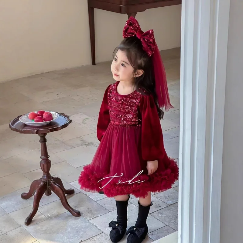 

Girls' Winter Dress2025Trendy Red Tulle Skirt with Sequins for Children, Fleece-Lined New Year Outfit, Puffy Skirt
