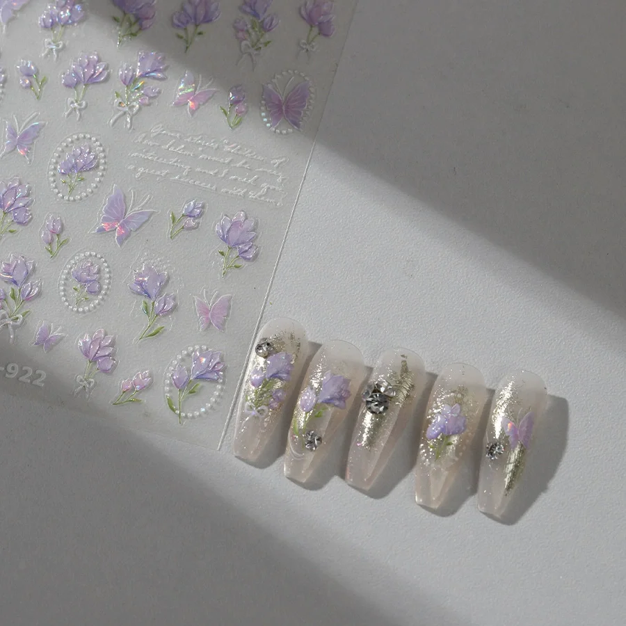 Autocollants de décoration pour ongles, décalcomanies pour ongles, fleur de Magnolia violette, rétro français Chic, nœud papillon, Bouquet de tulipes, adhésif brillant