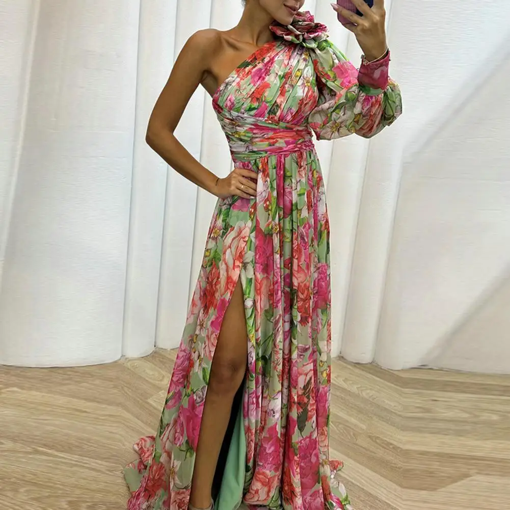 

Floral Print A-line Dress Formal Evening Gown with Slits Elegant One Shoulder Floral Print Maxi Dress with Side for Parties