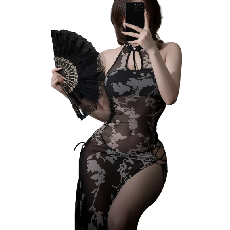 Sexy Traditional Chinese Style Cheongsam Dress Hollow Out Backless Deep V Sleeveless Thin  Qipao Skirt Exotic Charm Clothing