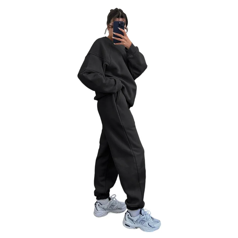 Autumn and Winter New Women's Solid Color Round Neck Long Sleeve Hoodie Fashion Casual Loose Pants Suit Sports Two-piece Set