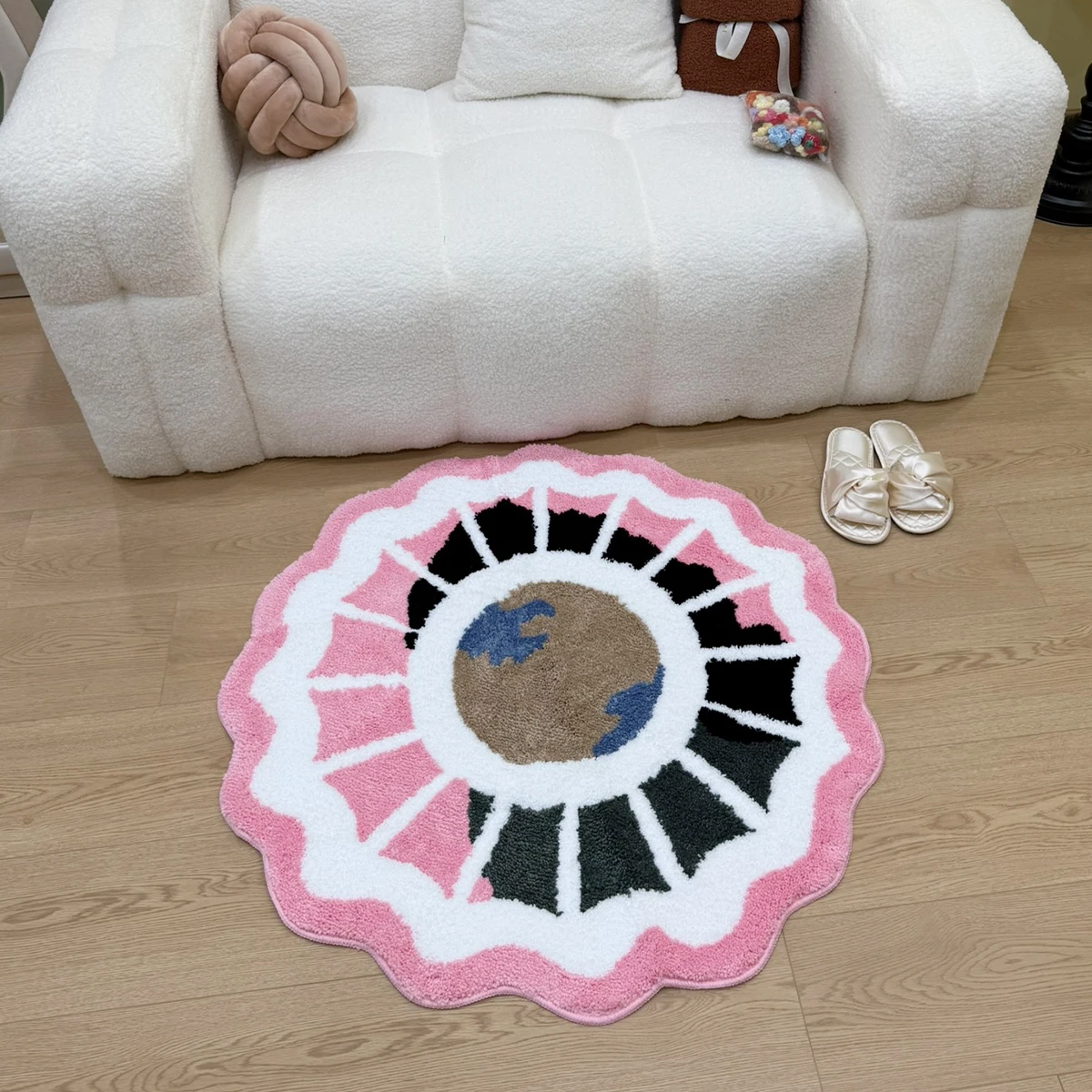 Kreativer getufteter Teppich mit Globusmuster, Farbblock-Fächerkante, flauschiger Teppich, künstlerische Dekor-Bodenmatte für Schlafzimmer und Wohnzimmer – Detail 3