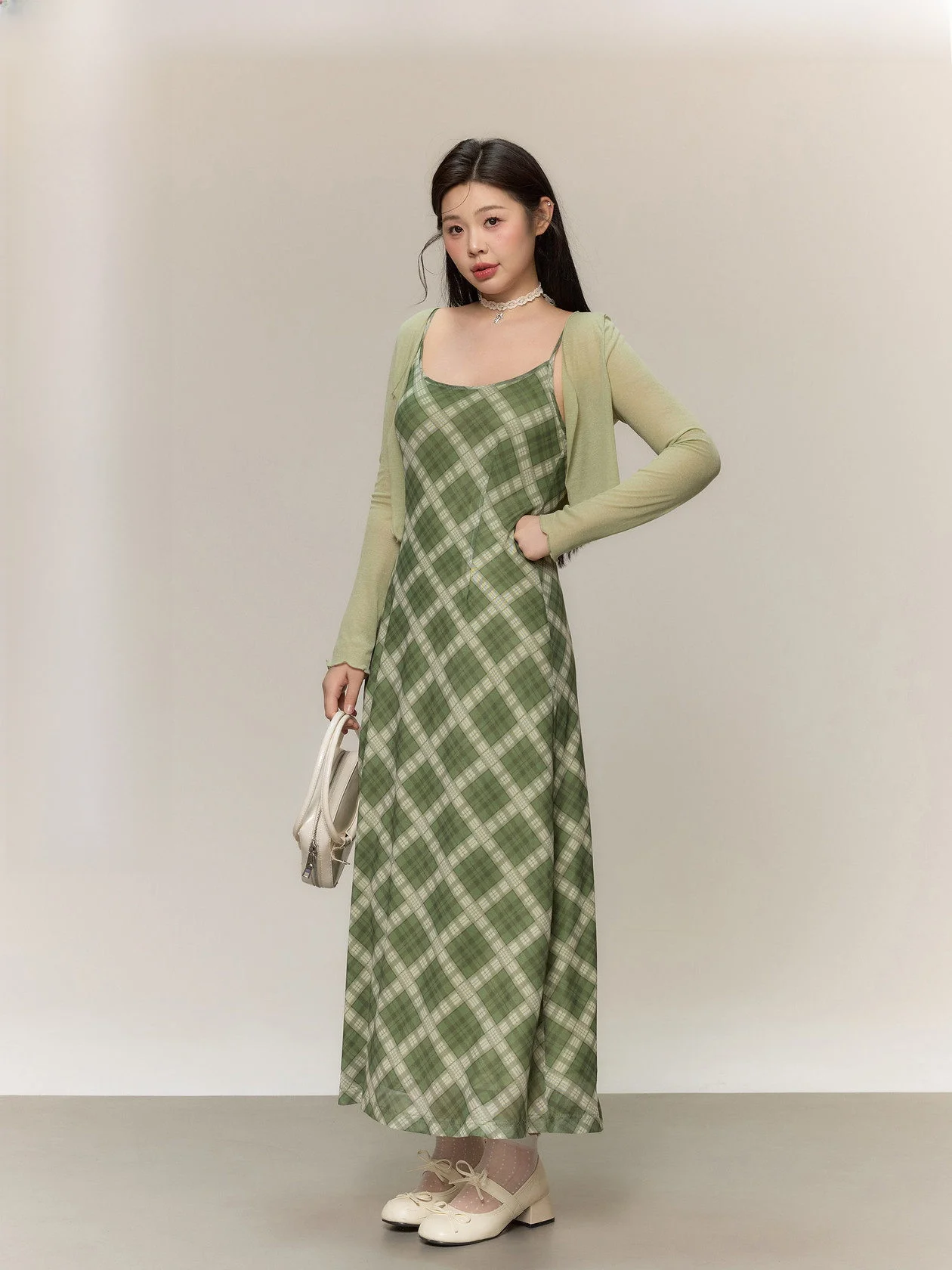 

Jiulu Studio "Wheat een Creek Water" Plaid Dr Cardigan plus Size Set Waist Cinching Slimming for Plump Women