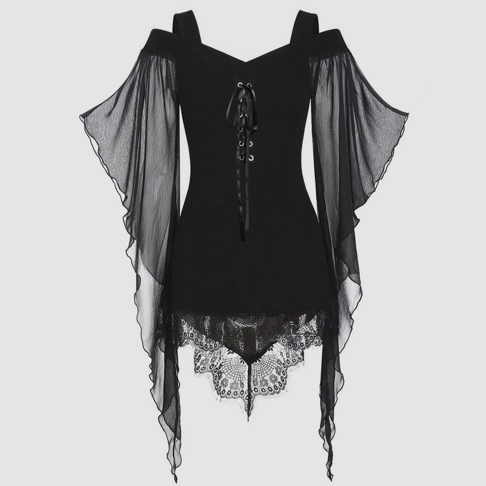 Women\'S Irregular Lace Dress Halloween Witch Top Plus-Size Gothic Lace Patchwork Top V-Neck Gauze Lace Lace Lacing Sexy Dress