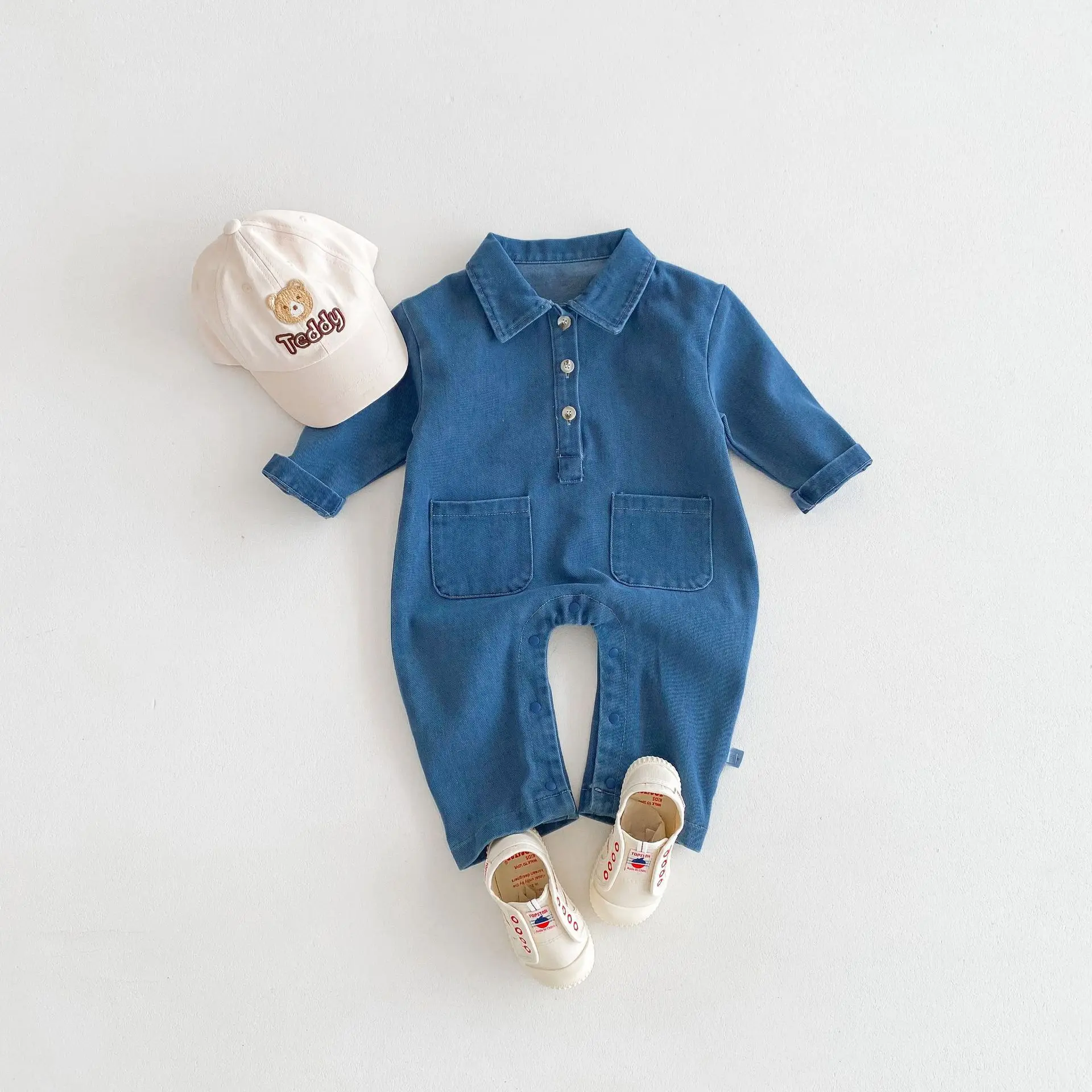 Autumn Baby Boys Denim Bodysuit Pocket Solid Turndown Collar Loose Infant Boys Overalls Stretch Long Sleeve Toddler Boys Outfits