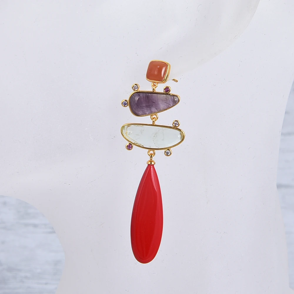 G-G Natural Amethyst Red Turquoise Prehnite Cz Paved Dangle Stud Earrings Jewelry Gifts
