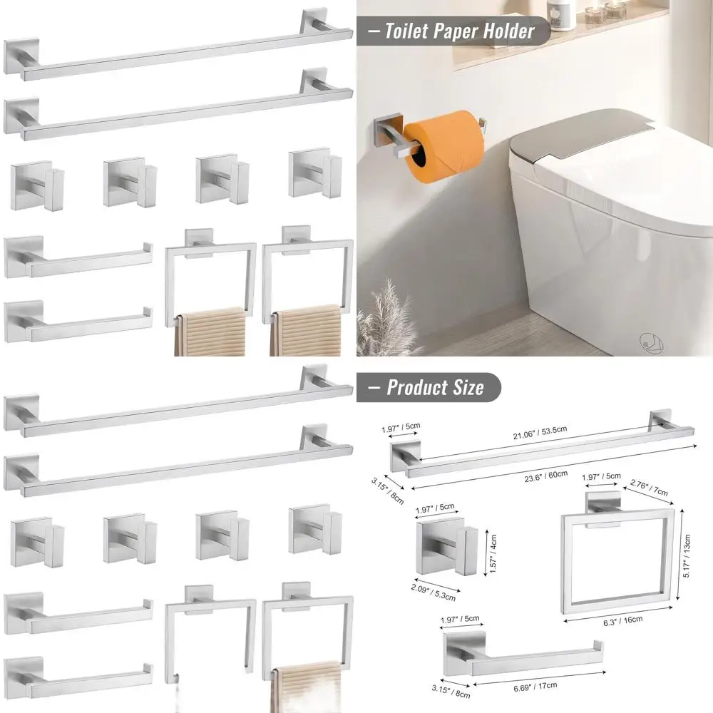 

10-Piece Brushed Nickel Stainless Steel Bathroom Accessory Set, Wall-Mounted Towel Bar, 23.6