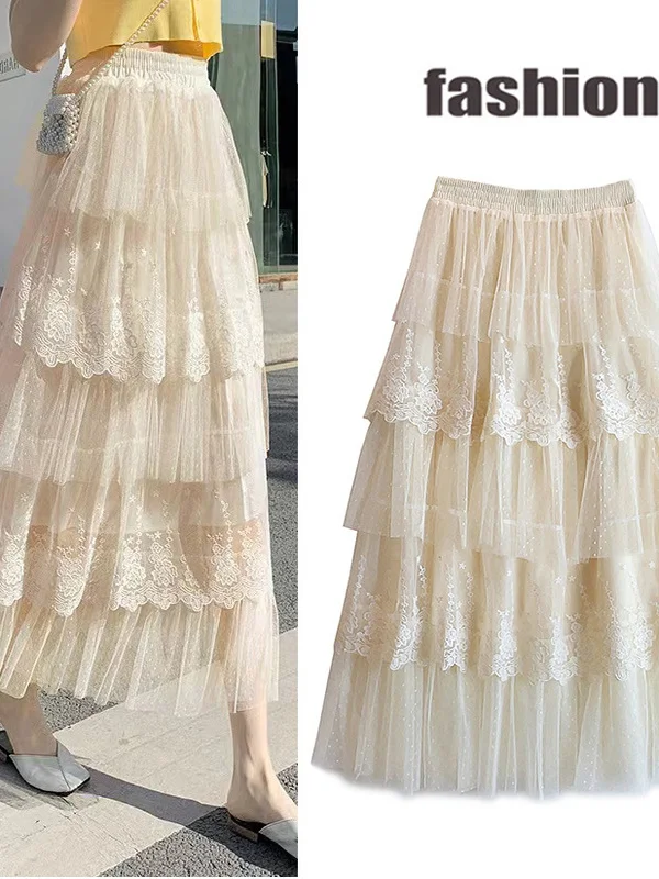 Aprikose Spitze Patchwork Feenrock Princ Sle Lässiger A-Linie Midirock Elastische Taille Sommer Neu eingetroffen aus China