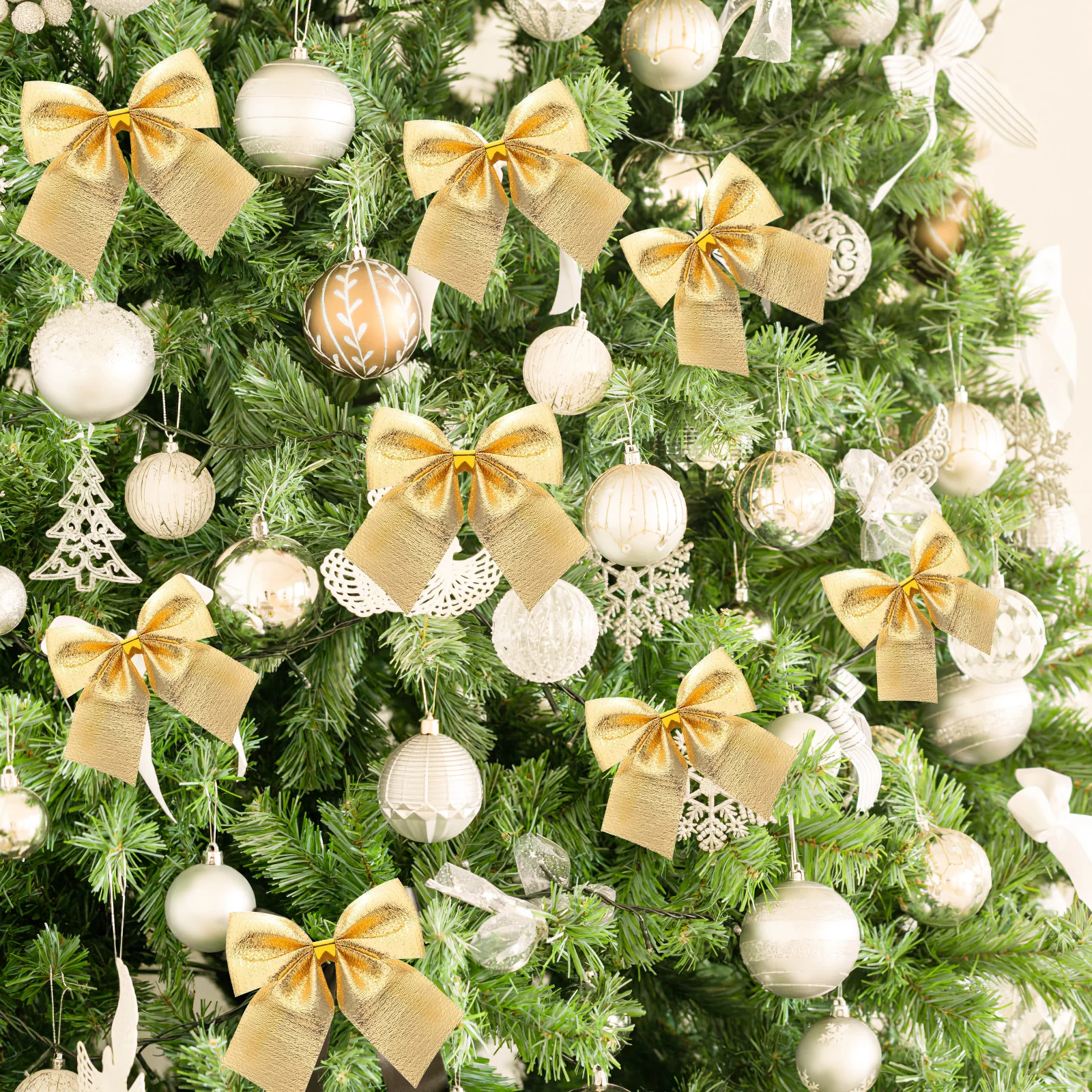 

12Pcs Delicate Golden Bowknot Xmas Tree Ornaments 197x197x008in Satin Ribbon Decorations Christmas Tree Hanging Decorations