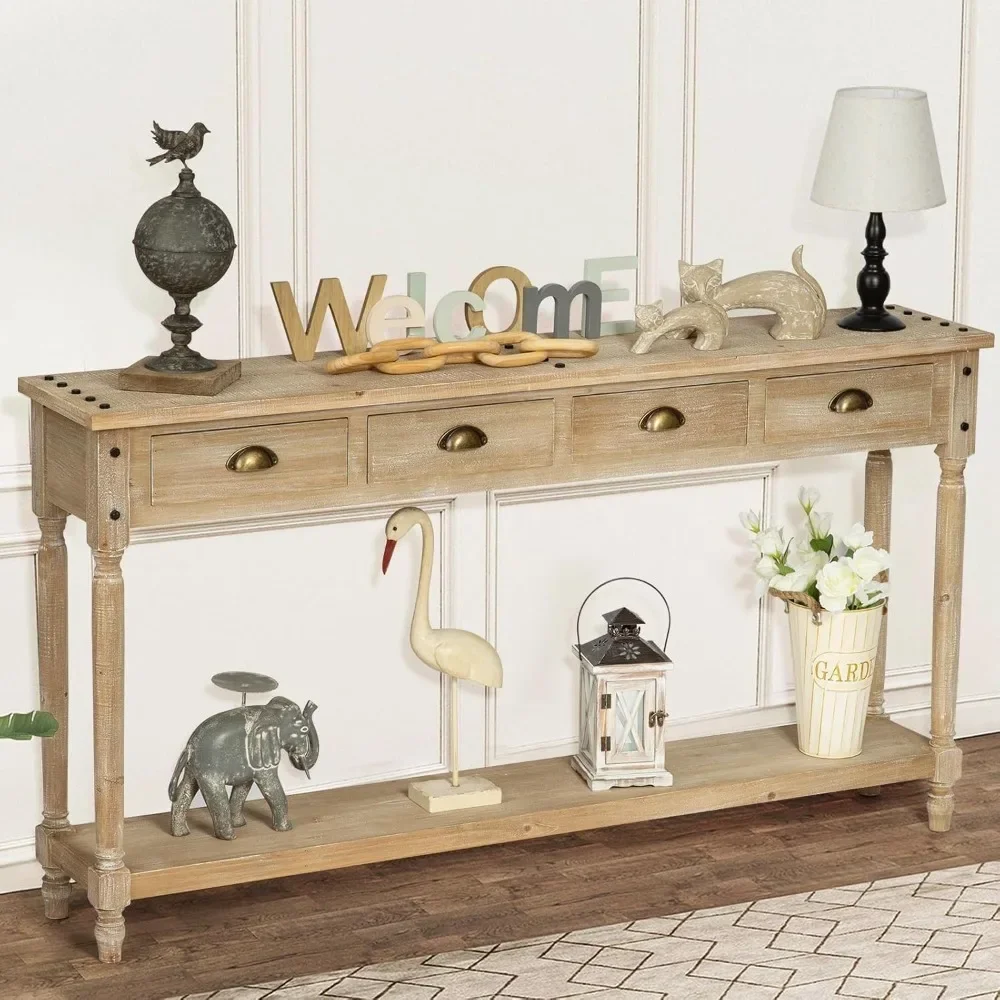 Table console de ferme avec grand espace de rangement, cadre en bois massif, canapé Boho étroit, table de foyer, 4 wers de proximité, 60 po de long