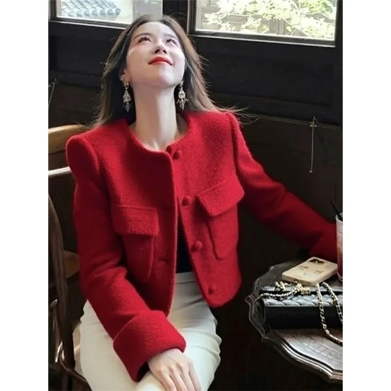 Women's Red Small Fragrant Style Coat Outwear 2026 New Spring Autumn Jackets Beautiful Round Neck Short Jacket Top