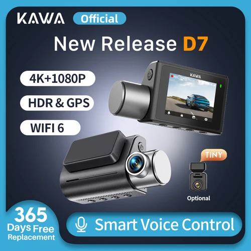 Imagen 1 del producto KAWA D7 4K cámara de salpicadero delantera y trasera, grabadora de vídeo 4K WiFi6 cámara de coche, DVR pequeña cámara trasera para AUTO, aplicación/cámara de salpicadero de Control de voz