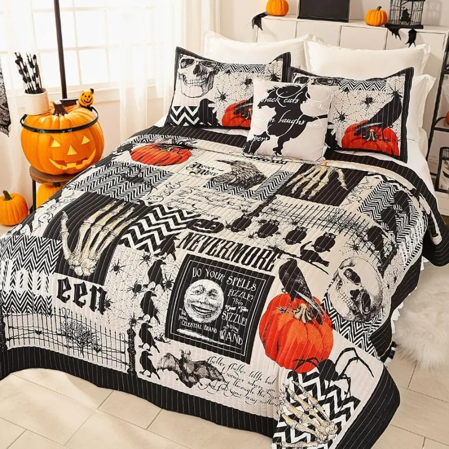 

Halloween Quilt Set Queen Size Bedspread with Pillow Shams Festival Themed Bedding Sets Pumpkin Ghost Coverlet 4 Piece 90x90 fo