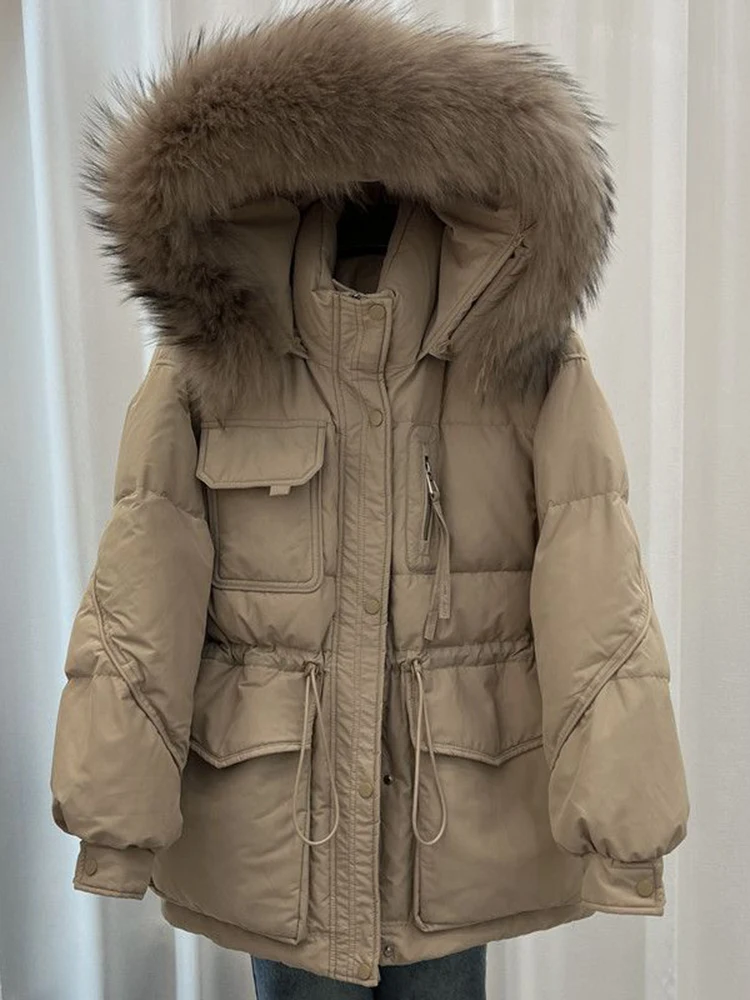 2024 Cotton Padded Big Fur Collar Parka New Pocket White Duck Down Winter Jacket Women Thick Warm Parkas Female Outerwear