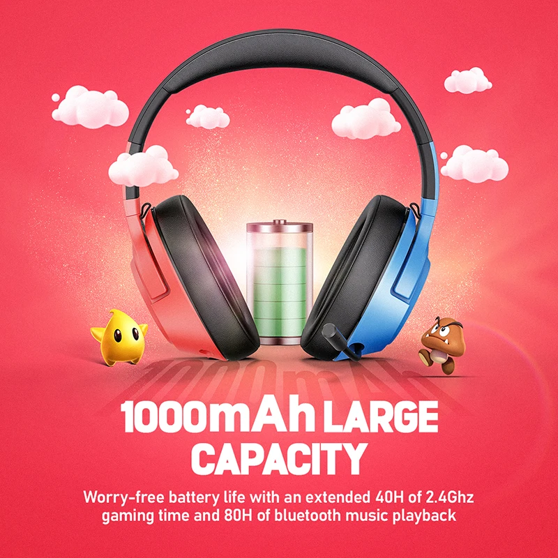 CINPUSEN Wireless Gaming Headset, 3-Mode 25ms Low Latency, 80H Playtime, Protein Earcups for Nintendo Switch