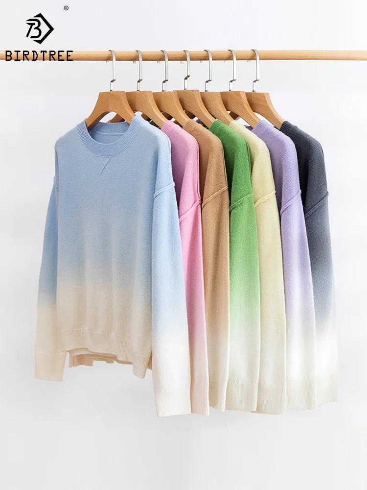 Birdtree 100%Merino Wool Gradient Pullover Sweaters Women O Neck Elegant Casual Warm Fashion Knitwear Sweater Winter T303106QM