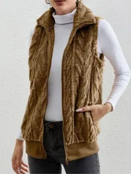 Fashion Plush Cardigan Vest For Women Casual Zipper Lapel Pocket Solid Color Warm Women's Vest Coat Female Streetwear 2025