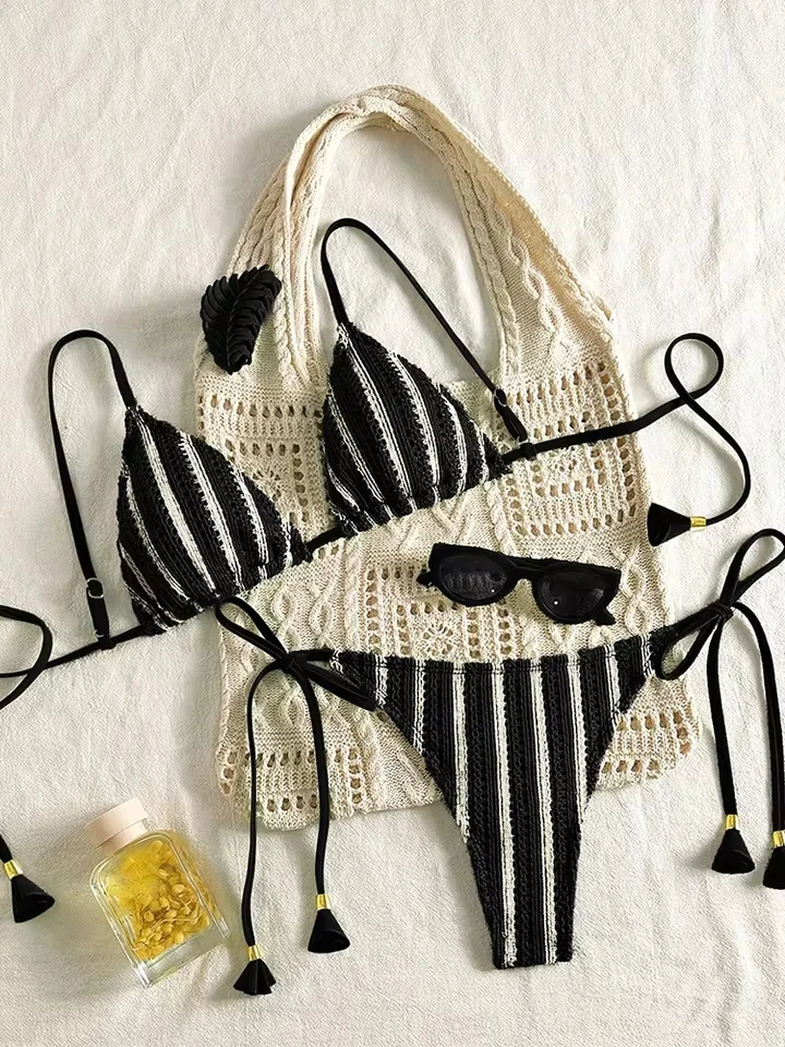Vzvn Sexy Hottie Lace Up Stripe Bikini Set Women Split Swimsuit Beach Brazil Bikini 2026 All Season Backless Bikinis 2 Piece Set