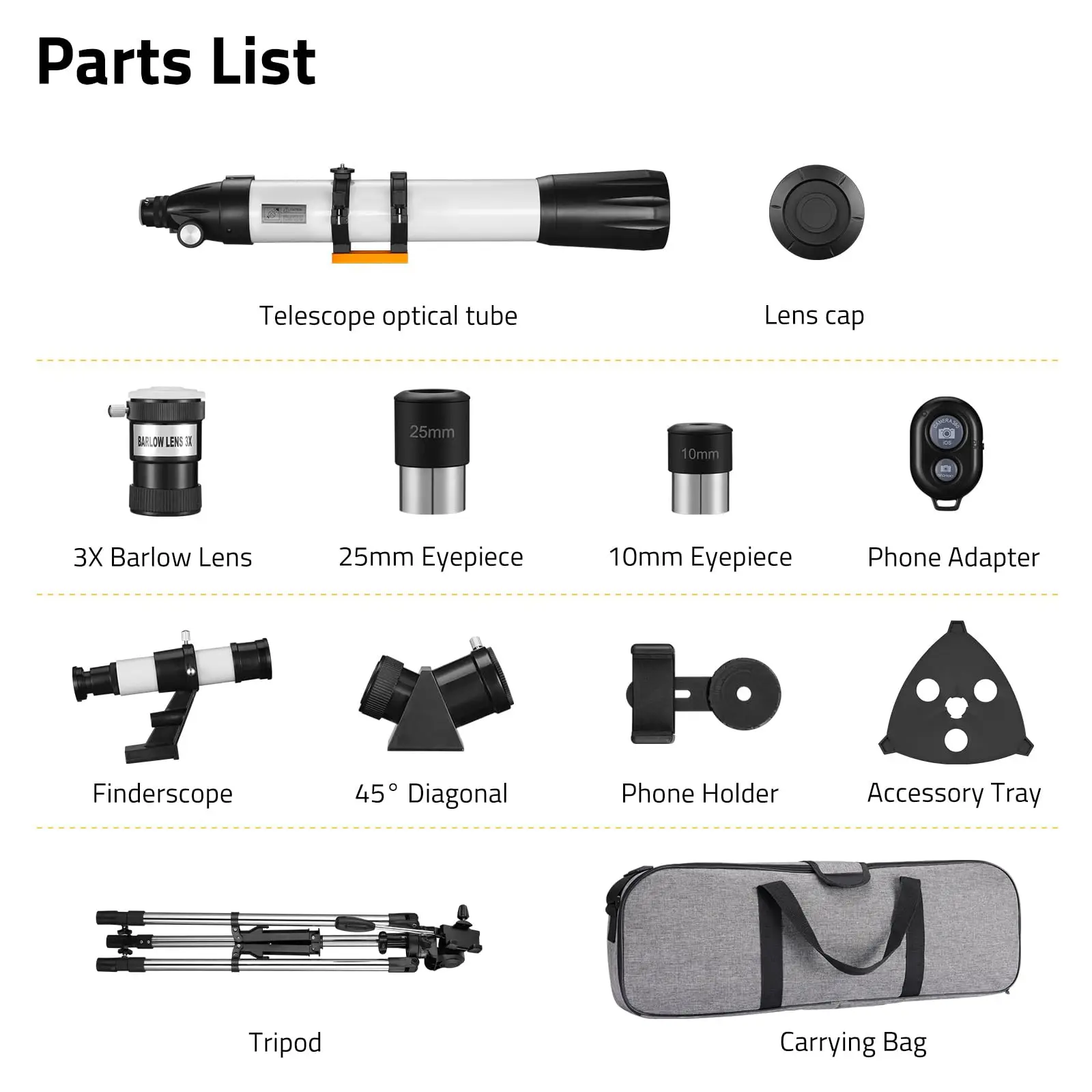 90mm Aperture 800mm High Powered Refractor Telescope for Astronomy Beginners with Stainless Steel Tripod Phone Adapter Carry Bag
